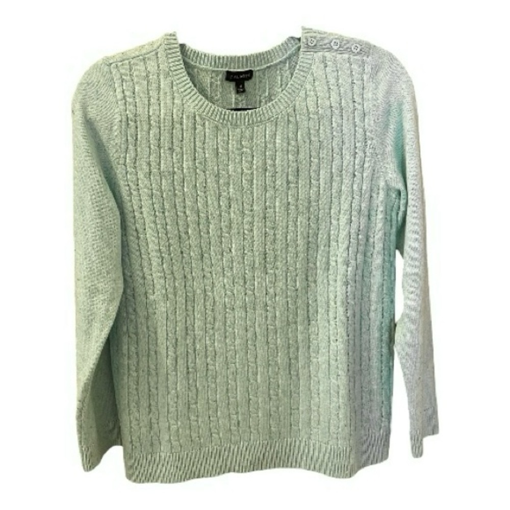 Talbots Cable Knit Sweater, Size M, Lime Green, 3-Button Shoulder Detail.